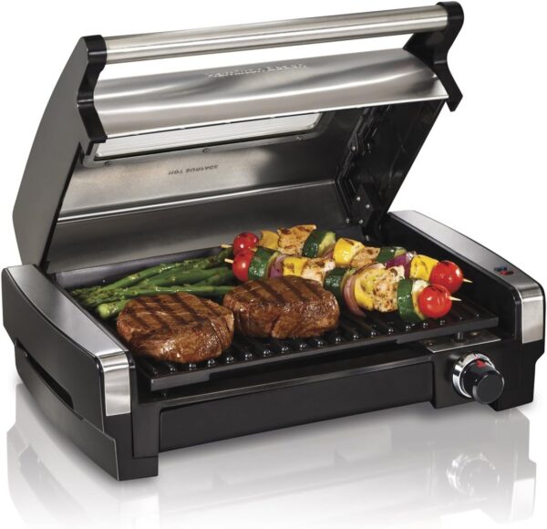 Hamilton Beach Electric Indoor Searing Grill with Viewing Window & Adjustable Temperature Control to 450F, 118 sq. in. Surface Serves 6, PFAS-Free Removable Nonstick Grate, Stainless Steel